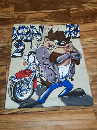Vintage Rare Looney Tunes Taz Motorcycle Born 2 Ride Spellout T Shirt Size Large