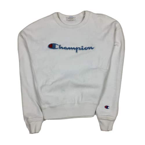 Champion Reverse Weave Script Logo White Pullover Crewneck Sweatshirt Adult S