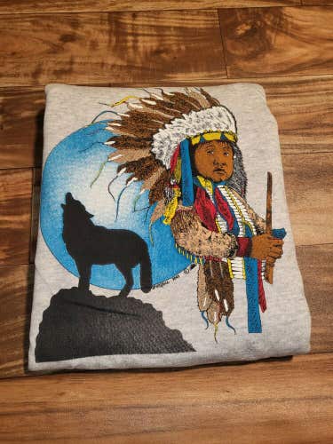 NEW Vintage Native Nature Wolf Moon Young Indian Tribe Sweater Crewneck Size L