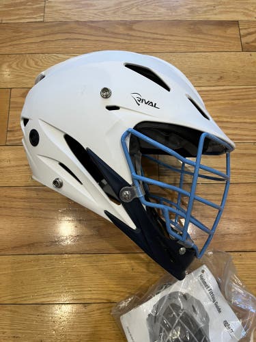 New STX Rival. matte white shell, carolina blue cage. matte navy jaw. white strap. Small/Medium