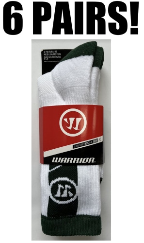 New 6 PACK Warrior Game Day Athletic Socks Lacrosse Hockey 7.5 - 9 White Green