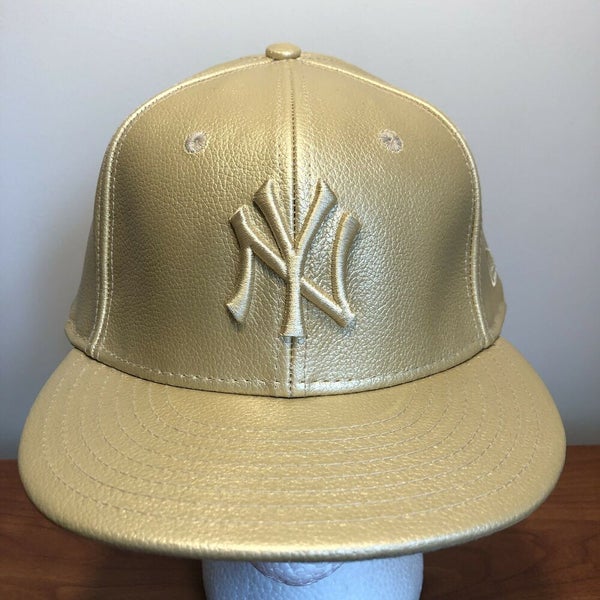 Leather New York Yankees Hat MLB New Era Fitted BLACK BROWN Cap Mens Size 7  1/8