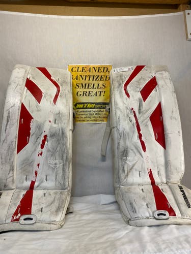 Used Bauer Supreme One.5 Size 26" + 1" White/Red/Yellow Goalie Leg Pads