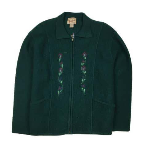 Vintage Woolrich Zip Up Grandma Style Sweater Pine Green Floral Design Women's L