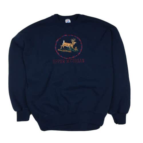 Vintage Upper Michigan Nature Deer Blue Crewneck Pullover Sweatshirt (XXL)