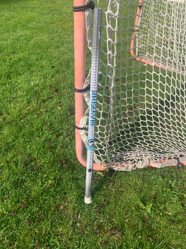 Maverik composite lacrosse shaft with grey pattern and light blue color.