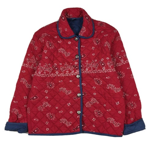 Custom Reversible Red Paisley Blue Quilted Button Up Lightweight Jacket (Medium)