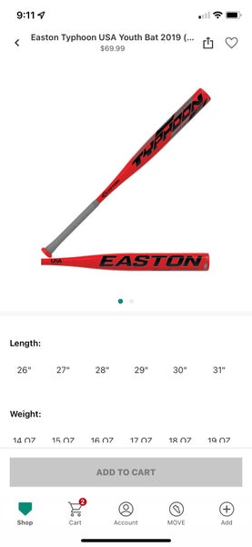 Easton Typhoon 26 inch youth bat