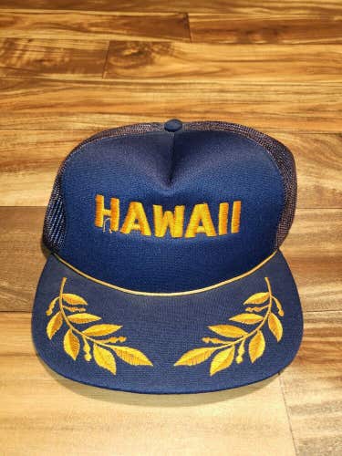 Vintage Hawaii Gold Leaf Trucker Mesh Rope Navy Hat Cap Snapback