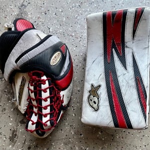 Goalie Set (Junior size): Brian's G-Netic 5.0 Blocker and (regular/left) Glove, white w/red, used