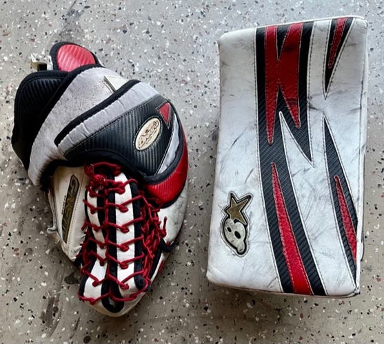 Goalie Set (Junior size): Brian's G-Netic 5.0 Blocker and (regular/left) Glove, white w/red, used