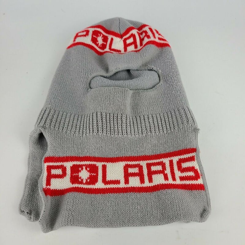 Vintage Polaris Snowmobile Racing Ski Robber Mask Knit Hat Full Face Gray Red
