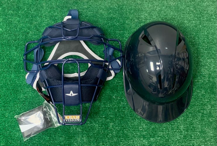 All Star Baseball Traditional Catchers Facemask and Helmet - Navy Blue