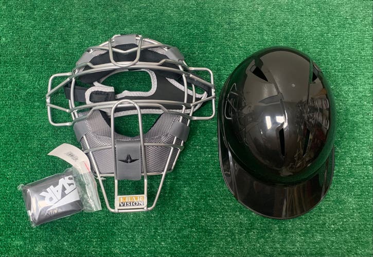 All Star Baseball Traditional Catchers Facemask and Helmet - Gray Silver & Black