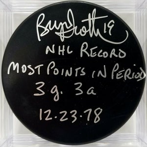 BRYAN TROTTIER Signed Hockey Puck NHL RECORD MOST POINTS IN A PERIOD 3G 3A