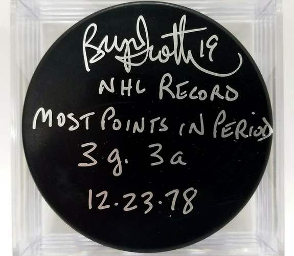 BRYAN TROTTIER Signed Hockey Puck NHL RECORD MOST POINTS IN A PERIOD 3G 3A