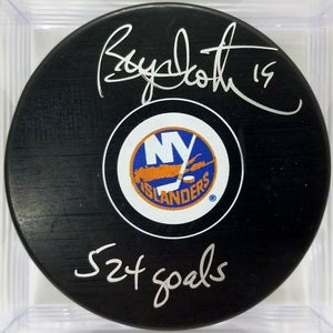 BRYAN TROTTIER Signed Pittsburgh Penguins NHL Hockey Puck 524 Goals Inscription