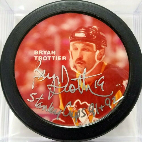 BRYAN TROTTIER Signed Penguins Photo Player Hockey Puck Stanley Cups 91 + 92