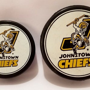 2 PUCK LOT JOHNSTOWN CHIEFS 94'95 GAME PUCK ECHL and RARE MINI PUCK