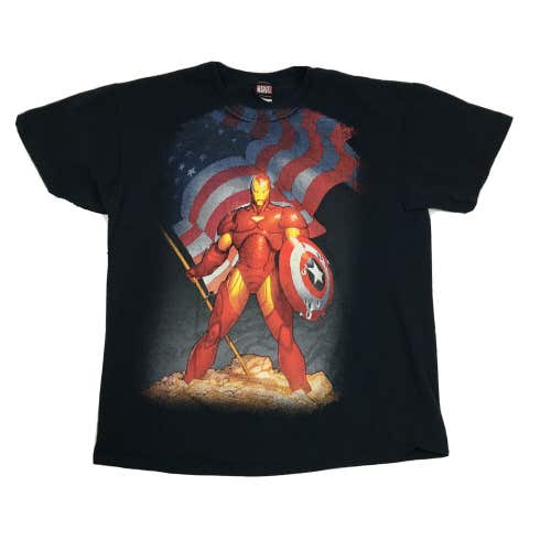 Y2K Marvel Comics Iron Man Captain America Shield Blue T Shirt Mad Engine (L)