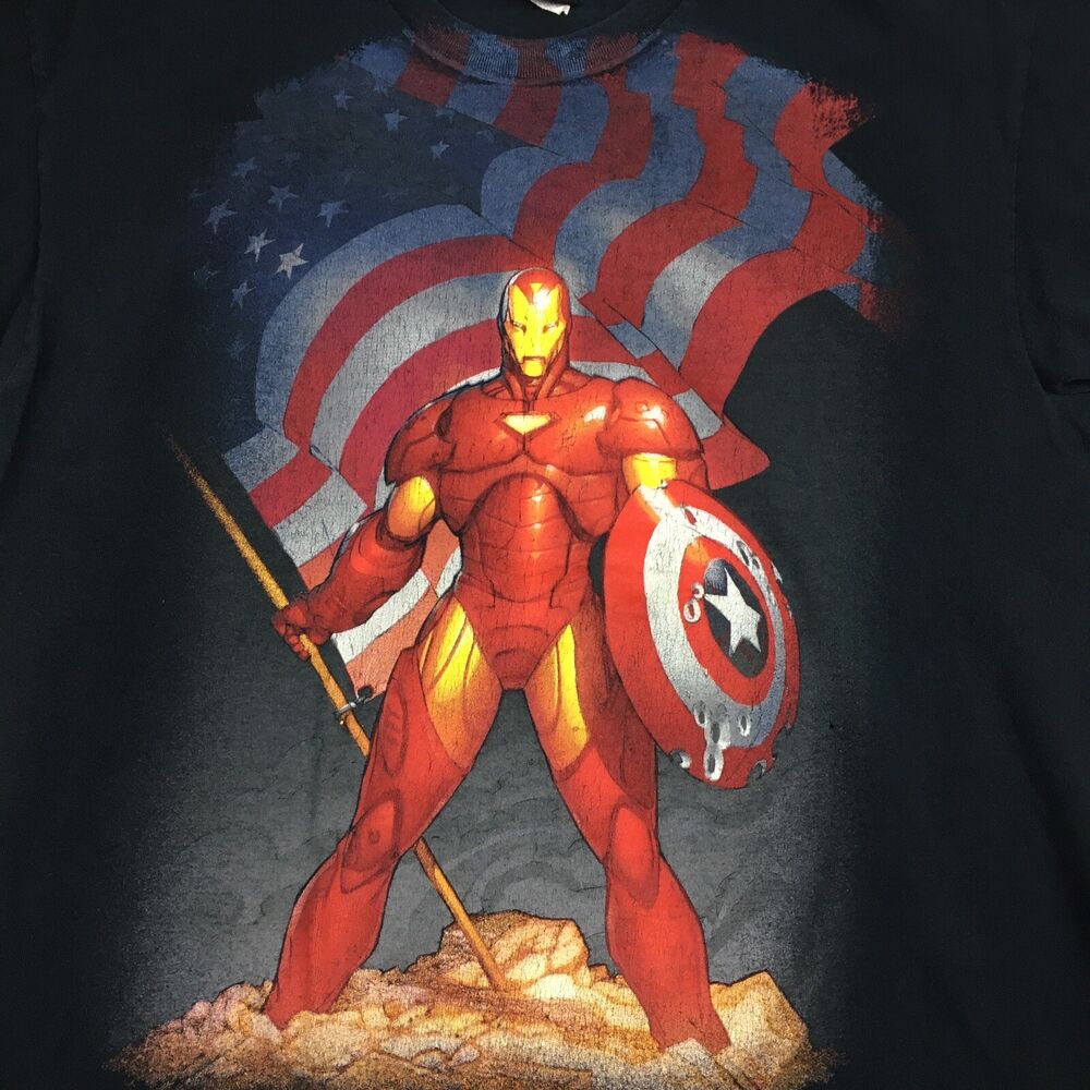 Y2K Marvel Comics Iron Man Captain America Shield Blue T Shirt Mad Engine  (L) | SidelineSwap