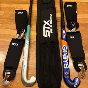 Bundle Of 2 Field Hockey Sticks, 2 Shin Pads, And 1 STX Field Hockey Bag