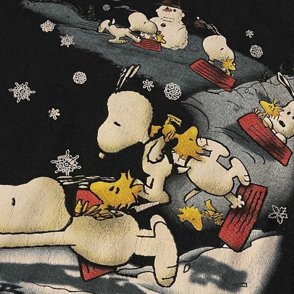 Vintage 90s Snoopy Woodstock Peanuts Snow Sledding Christmas