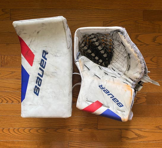 Used Bauer Supreme Ultrasonic Pro Glove and Blocker with Custom Graphic
