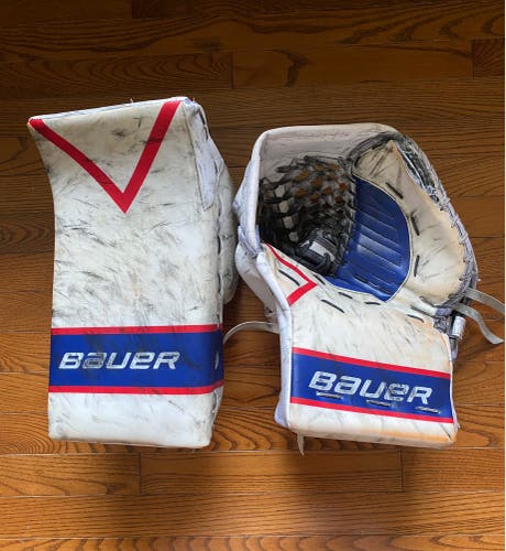 Used Bauer Supreme Ultrasonic Pro Glove and Blocker with Custom Graphic