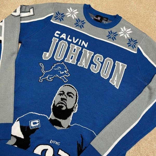 Calvin Johnson Detroit Lions Sweater Men Large Adult Blue Knit NFL Football  81