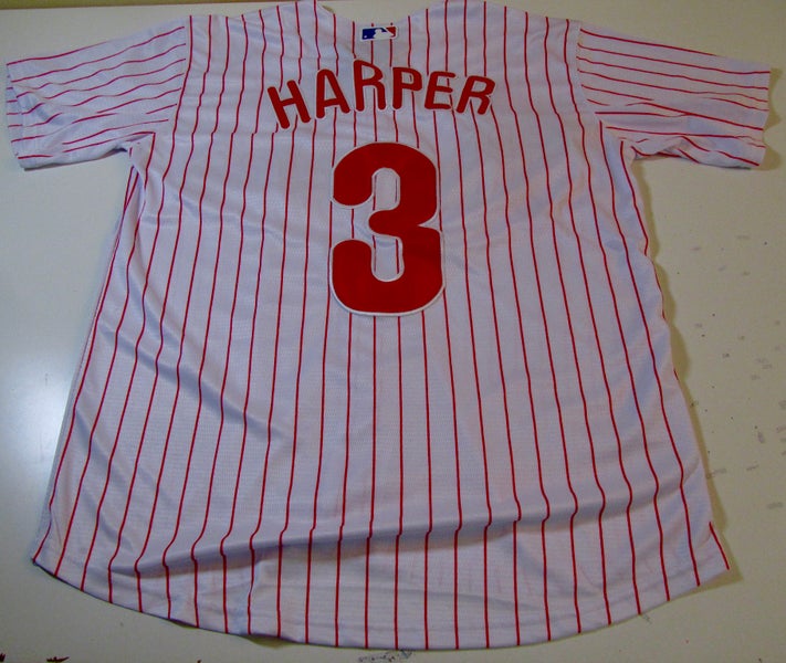 USED PHILLIES White RED PINSTRIPE BUTTON UP Men's BASEBALL JERSEY