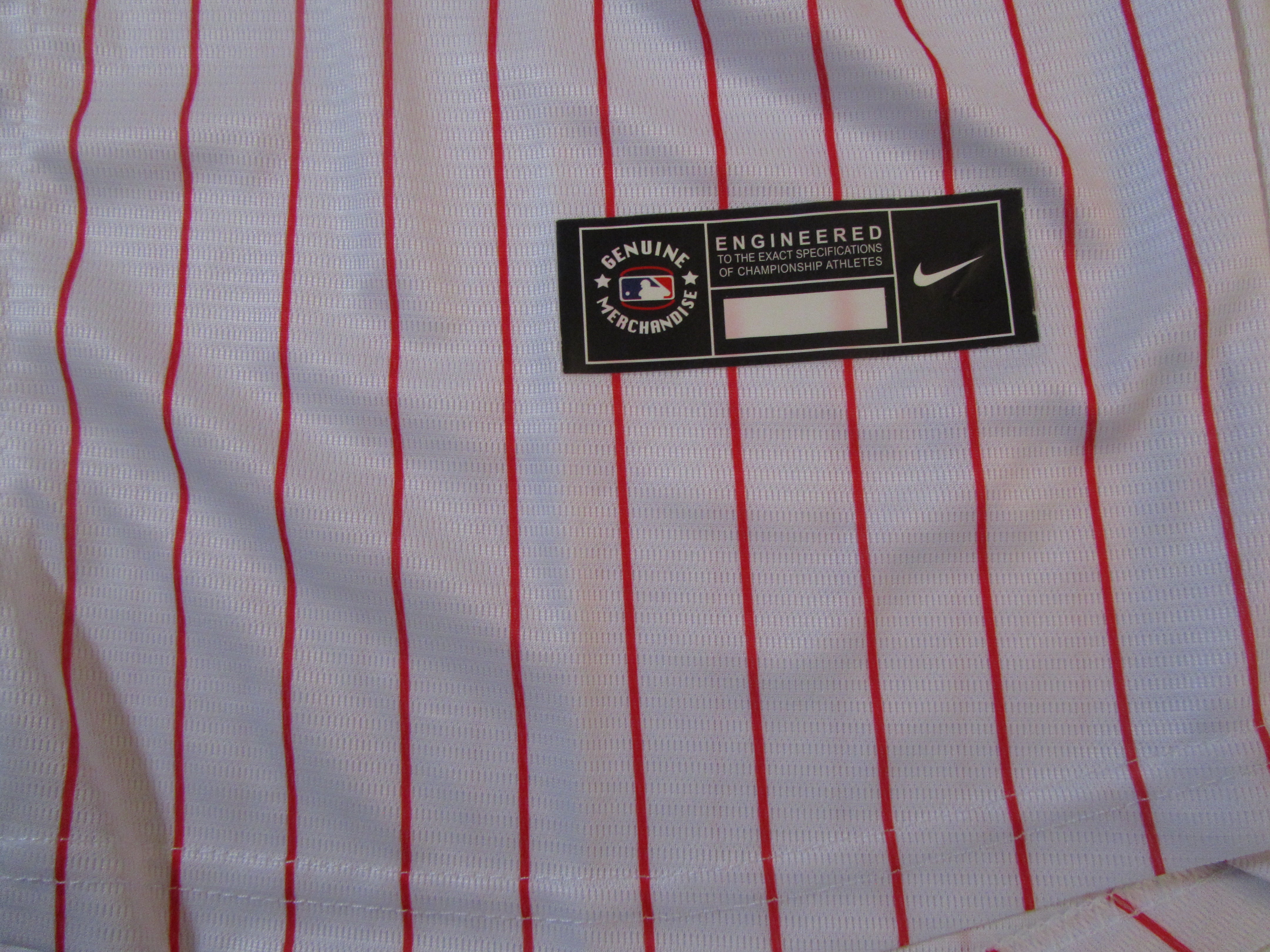USED PHILLIES White RED PINSTRIPE BUTTON UP Men's BASEBALL JERSEY Medium #3  no tags