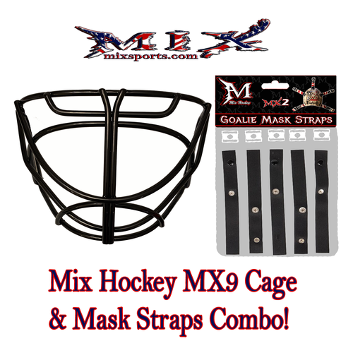 SALE!! Mix hockey Cat Eye Goalie Cage (MX10) & Mask Straps Combo! (Black)