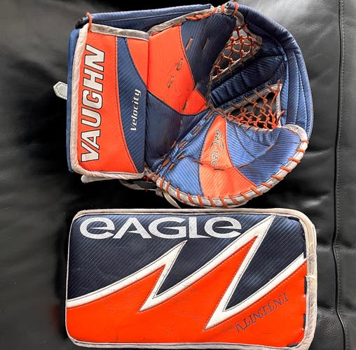 Vaughn Velocity SR Pro Goalie Glove + Blocker Set, ORANGE BLUE