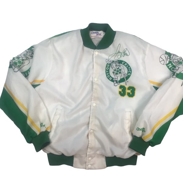 Vintage Boston Celtics Chalkline Fanimation Satin Varsity Style Letterman  Coat Bomber Jacket 1990s Button Large NBA Green Snap Rare All Over