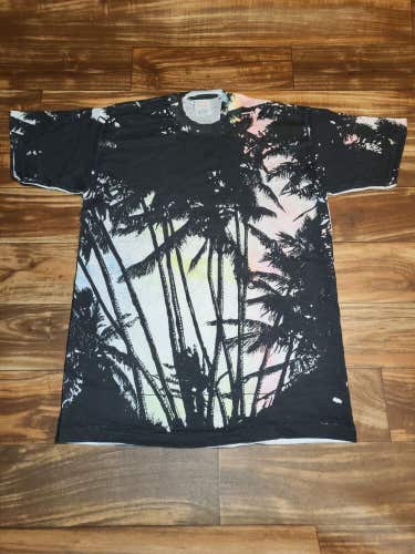 Vintage All Over Print Tree Nature Beach Sunset Double Sided T Shirt Size Large