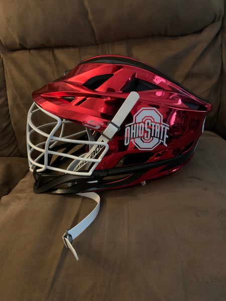 Chrome red s lacrosse helmet with the Ohio State decals