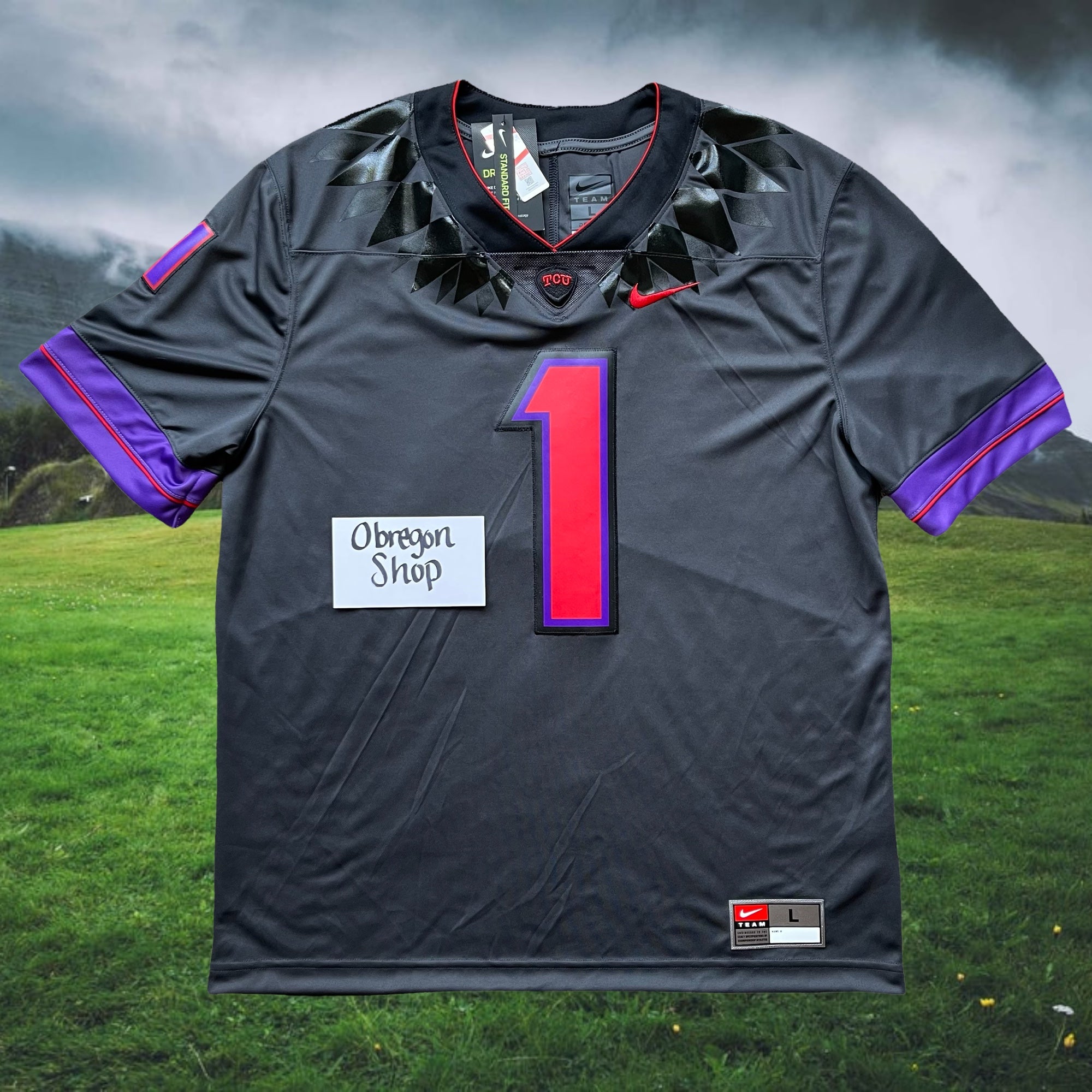 NIKE TCU MENS STITCHED FOOTBALL JERSEY SIZE LARGE GRAY RED PURPLE BLACK