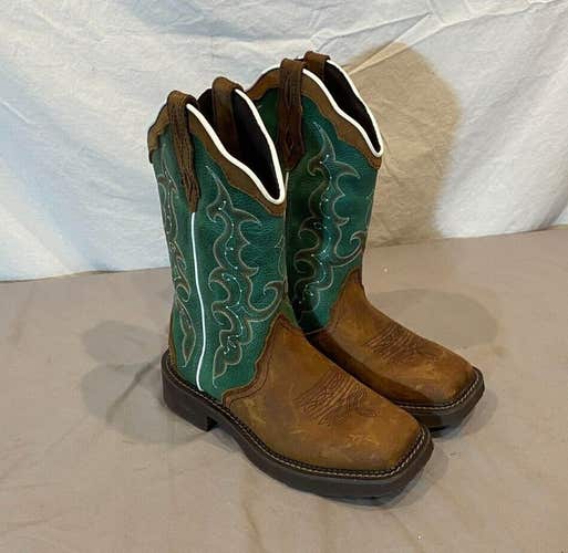 Justin Raya GY2904 Distressed Brown Leather & Green Western Boots Women's 6.5