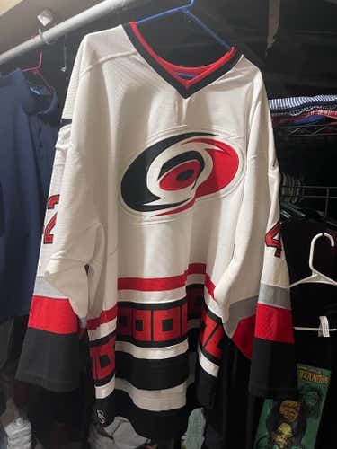 Carolina Hurricanes White Used Size 58 CCM Jersey #42 GLEASON w/fight strap