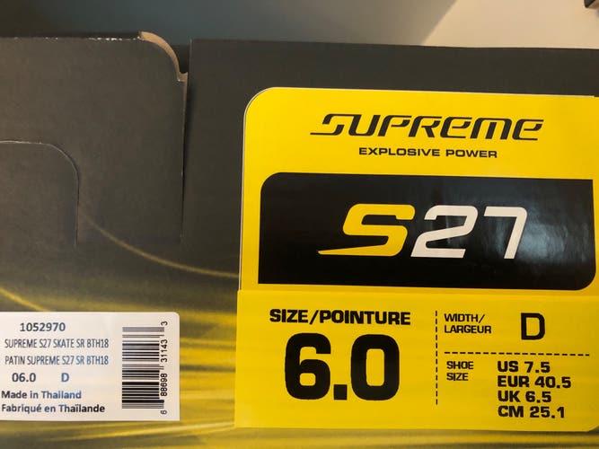 New Bauer Supreme S27 Senior Hockey Skates - Size 6 D - Brand New In Box