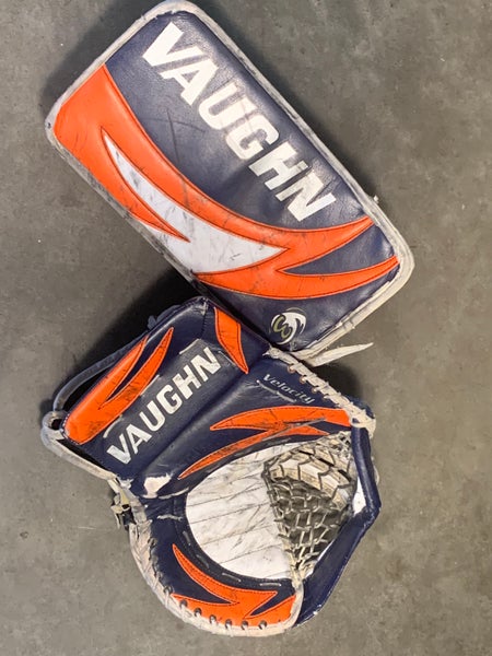 Vaughn Velocity 7000 Pro Senior Glove and Blocker Set Orange, Blue and White