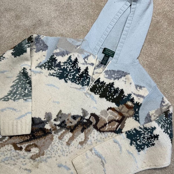 Lauren Ralph Lauren Sweater Women Medium Adult Knit Hoodie LRL Pullover Dogsled