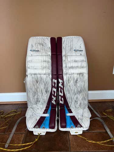 Used 35" CCM Extreme Flex Pro Goalie Leg Pads- Maroon/ Light Blue