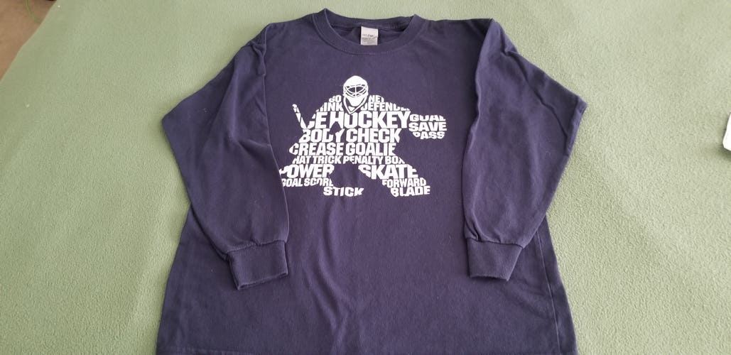 Used Gildan Navy Long Sleeve Goalie Hockey T-shirt - size Youth Medium