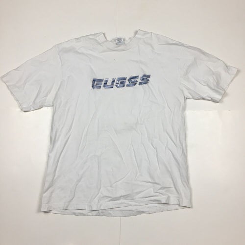 Vintage 90s GUESS USA Spell Out Logo White T-Shirt Plastic Textured Print (XL)