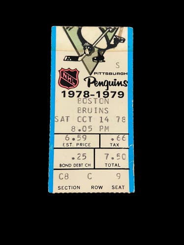 NHL October 14, 1978 Pittsburgh Penguins vs Boston Bruins Vintage Used Ticket Stub