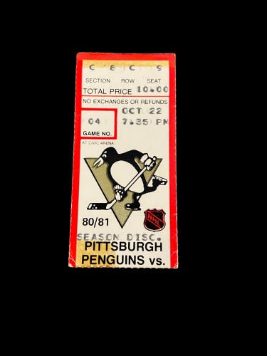 NHL October 22, 1980 Pittsburgh Penguins vs STL Blues Vintage Used Ticket Stub