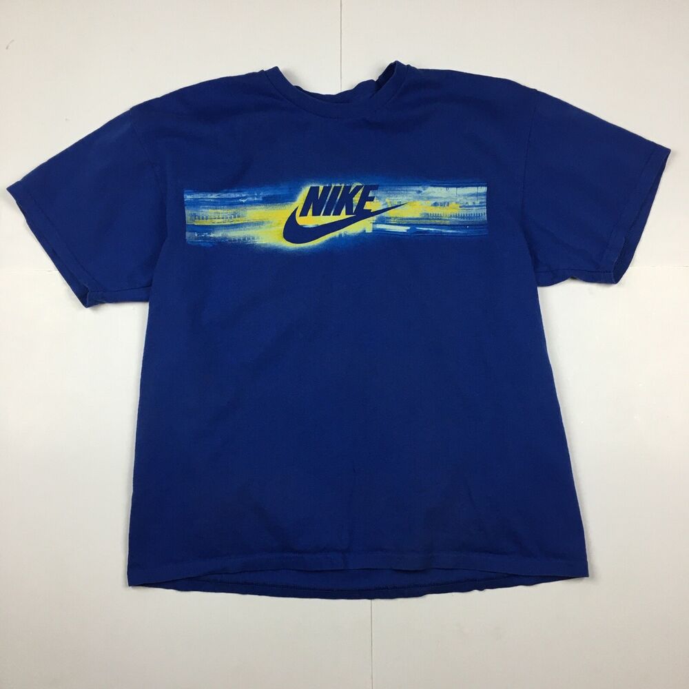 Vintage Y2K Nike Swoosh Logo Blue T-Shirt Silver Gray Tag Men's 