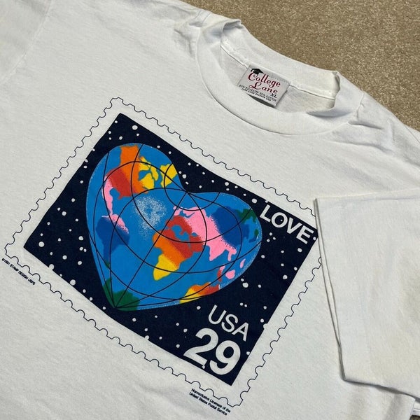 Love Stamp T Shirt Men Large Adult White Earth Globe Vintage 90s 29 Cent Retro